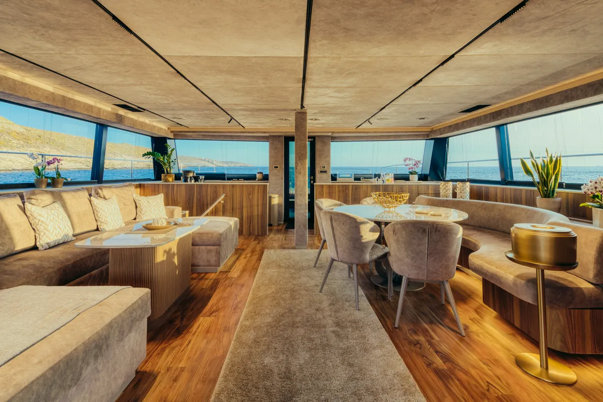 Salon of Honeymoon, a Gulet Moon Yacht 65 catamaran at Lefkada, Greece