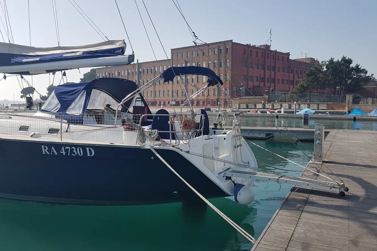 Exterior view of Nisyros, a Beneteau Cyclades 50.5 sailboat at Piombino, Italy