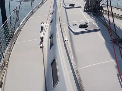 Deck of Nisyros, a Beneteau Cyclades 50.5 sailboat at Piombino, Italy