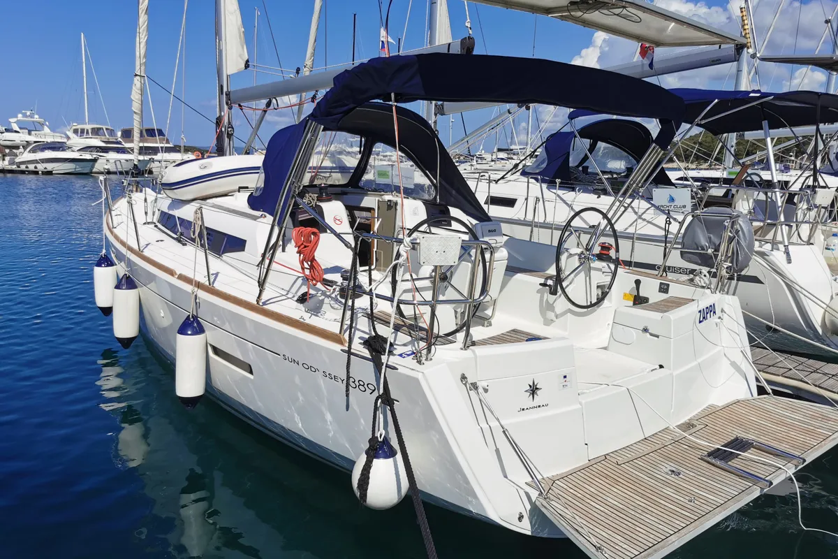 Exterior view of Zappa, a Jeanneau Sun Odyssey 389 sailboat at Općina Pakoštane, Croatia