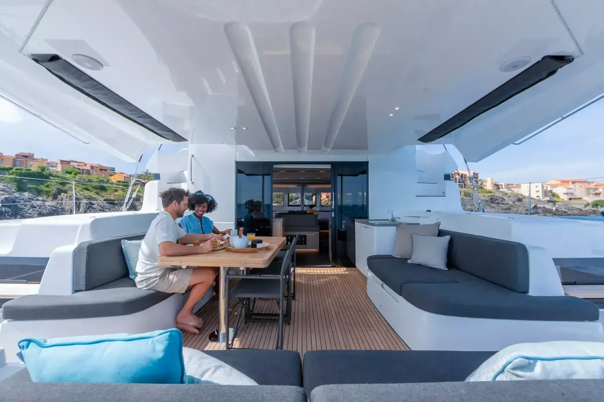 Deck of Unconditional Love, a Lagoon 51 OW catamaran at Grad Pula, Croatia