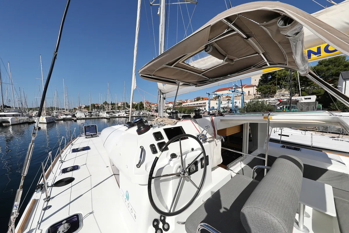 Cockpit of Kinga V, a Lagoon 400 S2 catamaran at Grad Vodice, Croatia