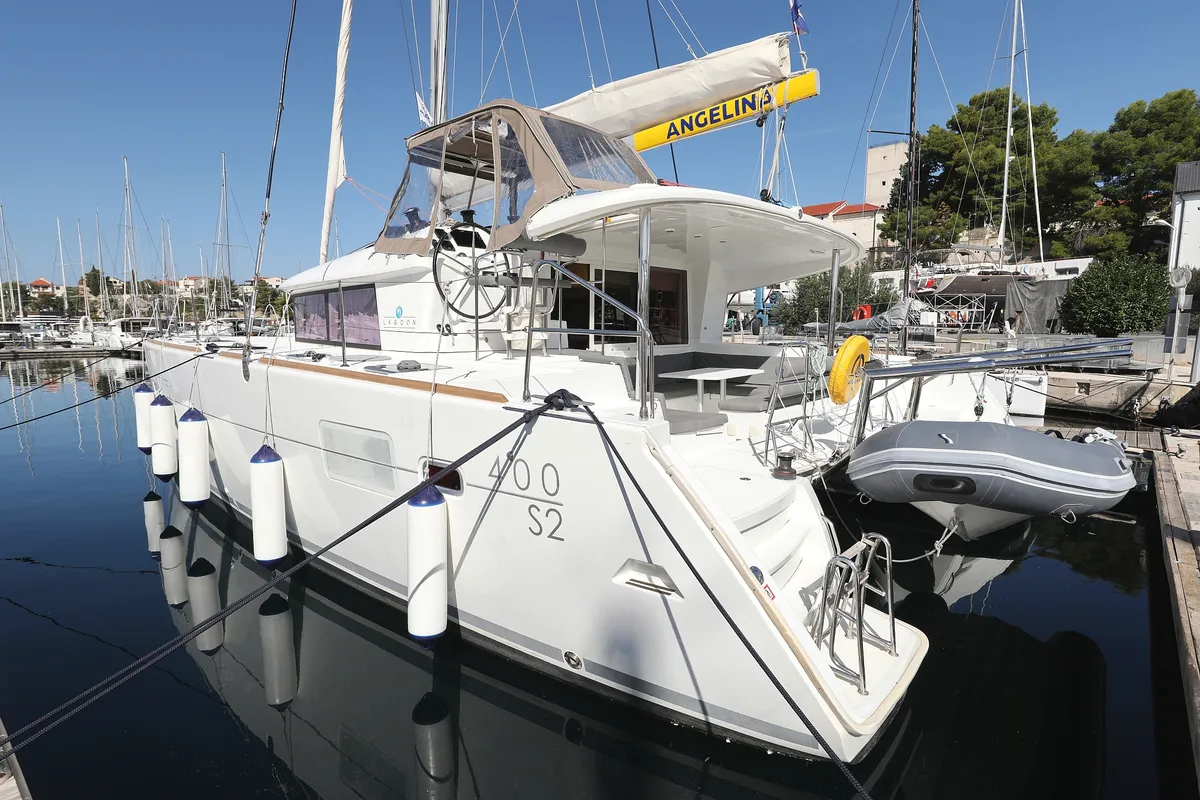 Exterior view of Kinga V, a Lagoon 400 S2 catamaran at Grad Vodice, Croatia