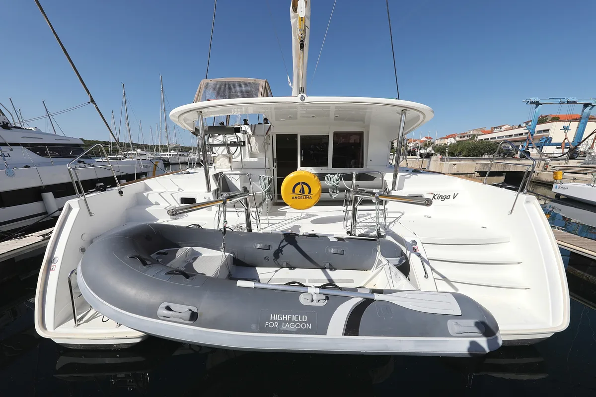 Exterior view of Kinga V, a Lagoon 400 S2 catamaran at Grad Vodice, Croatia