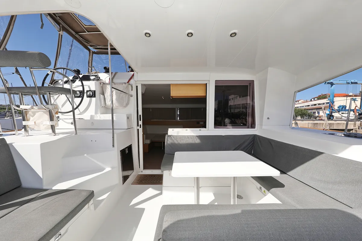 Deck of Kinga V, a Lagoon 400 S2 catamaran at Grad Vodice, Croatia