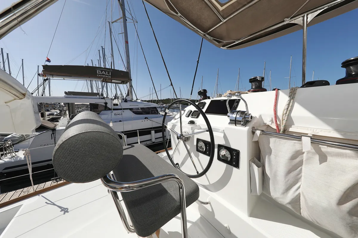 Cockpit of Kinga V, a Lagoon 400 S2 catamaran at Grad Vodice, Croatia