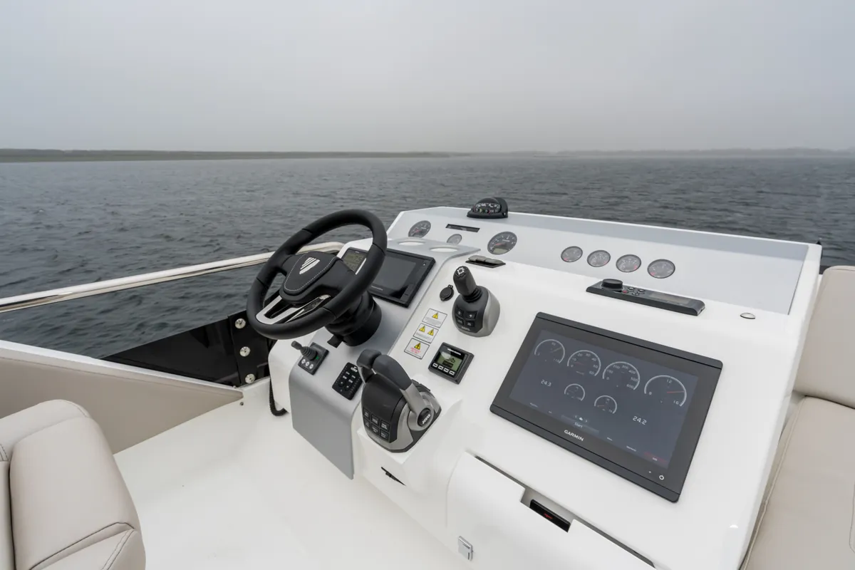 Cockpit of Lady Noble, a Fairline Squadron 50 motorboat at Seget Donji, Croatia