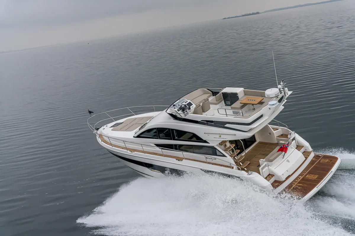 Exterior view of Lady Noble, a Fairline Squadron 50 motorboat at Seget Donji, Croatia