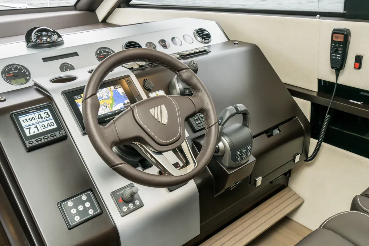 Cockpit of Lady Noble, a Fairline Squadron 50 motorboat at Seget Donji, Croatia