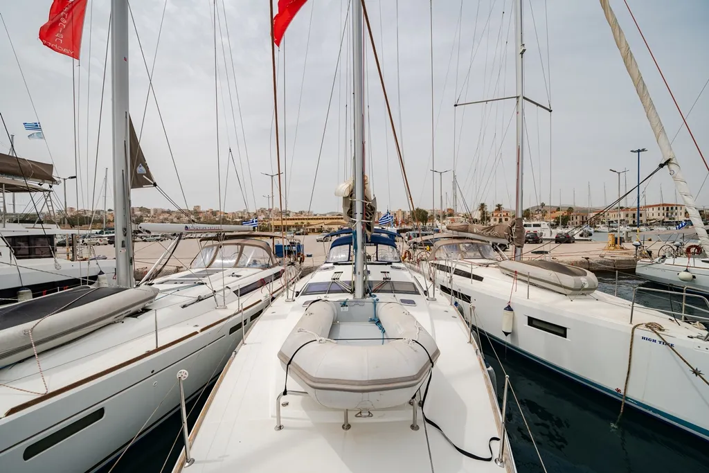 Exterior view of Regina V, a Jeanneau 53 sailboat at Lavreotiki Municipal Unit, Greece