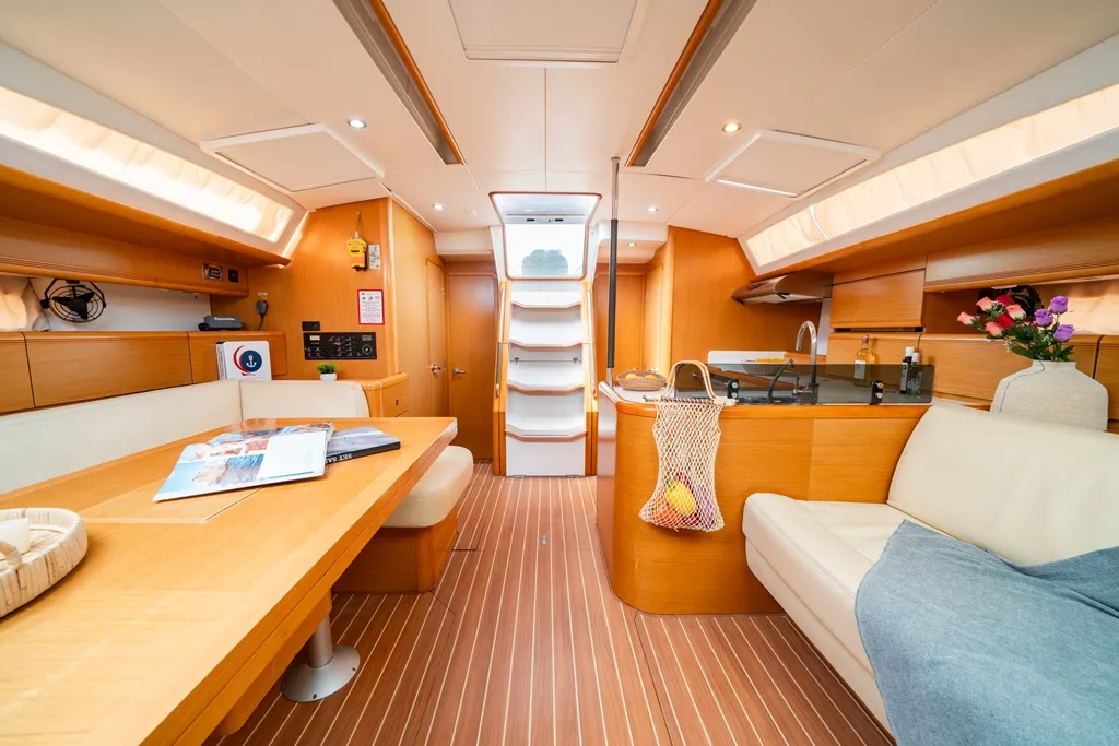 Salon of Regina V, a Jeanneau 53 sailboat at Lavreotiki Municipal Unit, Greece