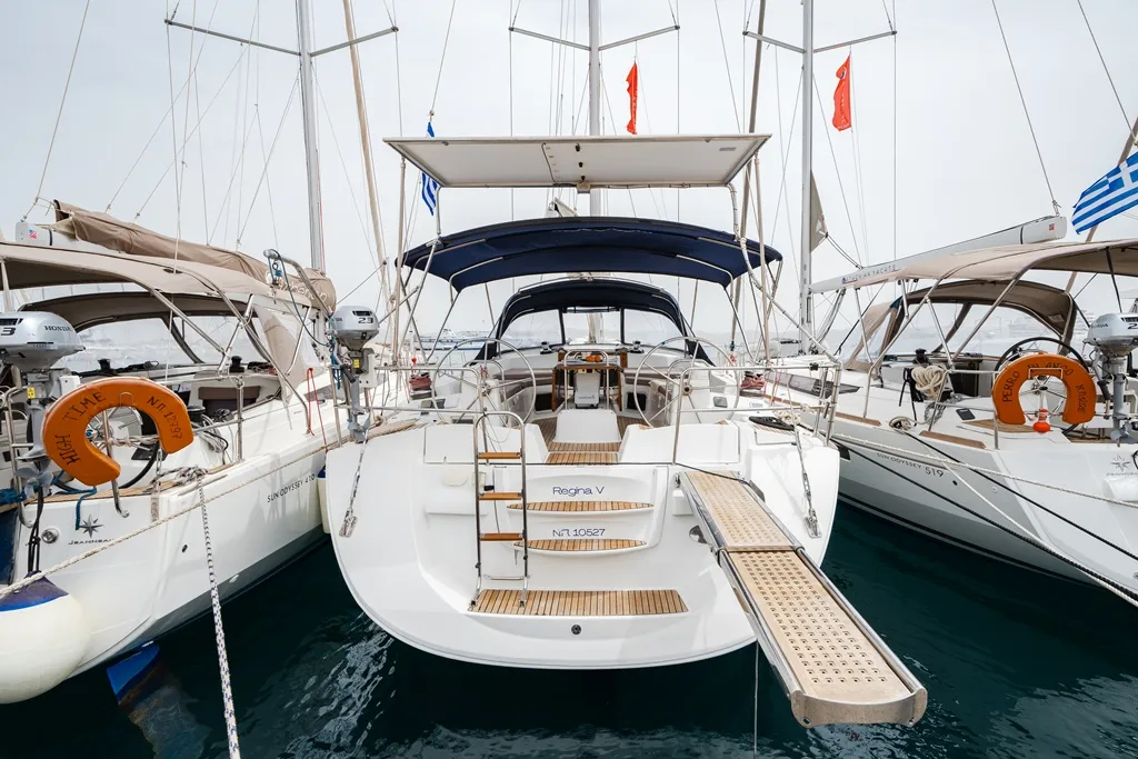 Exterior view of Regina V, a Jeanneau 53 sailboat at Lavreotiki Municipal Unit, Greece