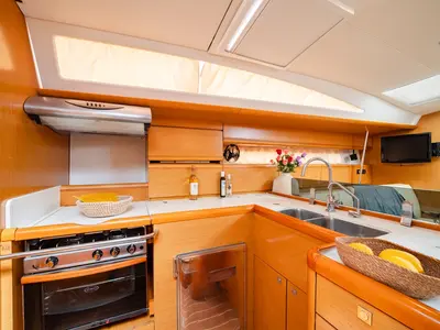 Galley of Regina V, a Jeanneau 53 sailboat at Lavreotiki Municipal Unit, Greece