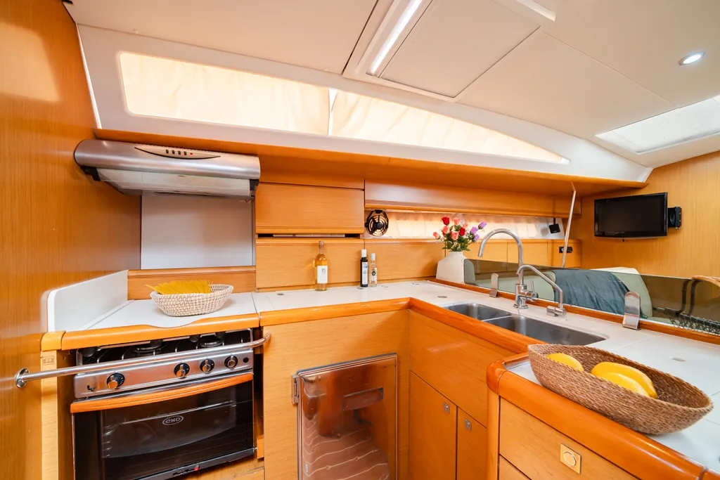 Galley of Regina V, a Jeanneau 53 sailboat at Lavreotiki Municipal Unit, Greece