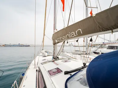 Deck of Regina V, a Jeanneau 53 sailboat at Lavreotiki Municipal Unit, Greece