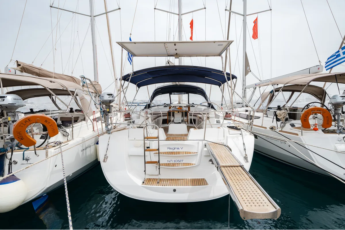 Regina V, a Jeanneau 53 sailboat at Lavreotiki Municipal Unit, Greece