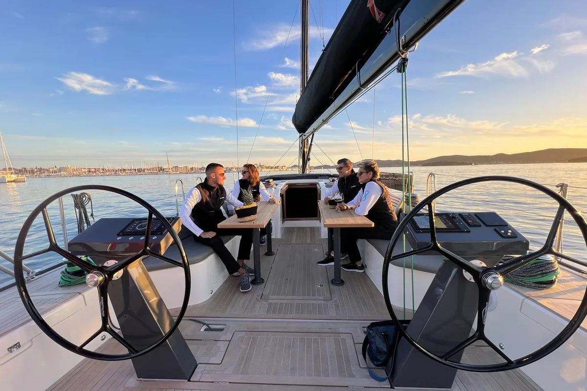Cockpit of Maria, a More 55 sailboat at Seget Donji, Croatia