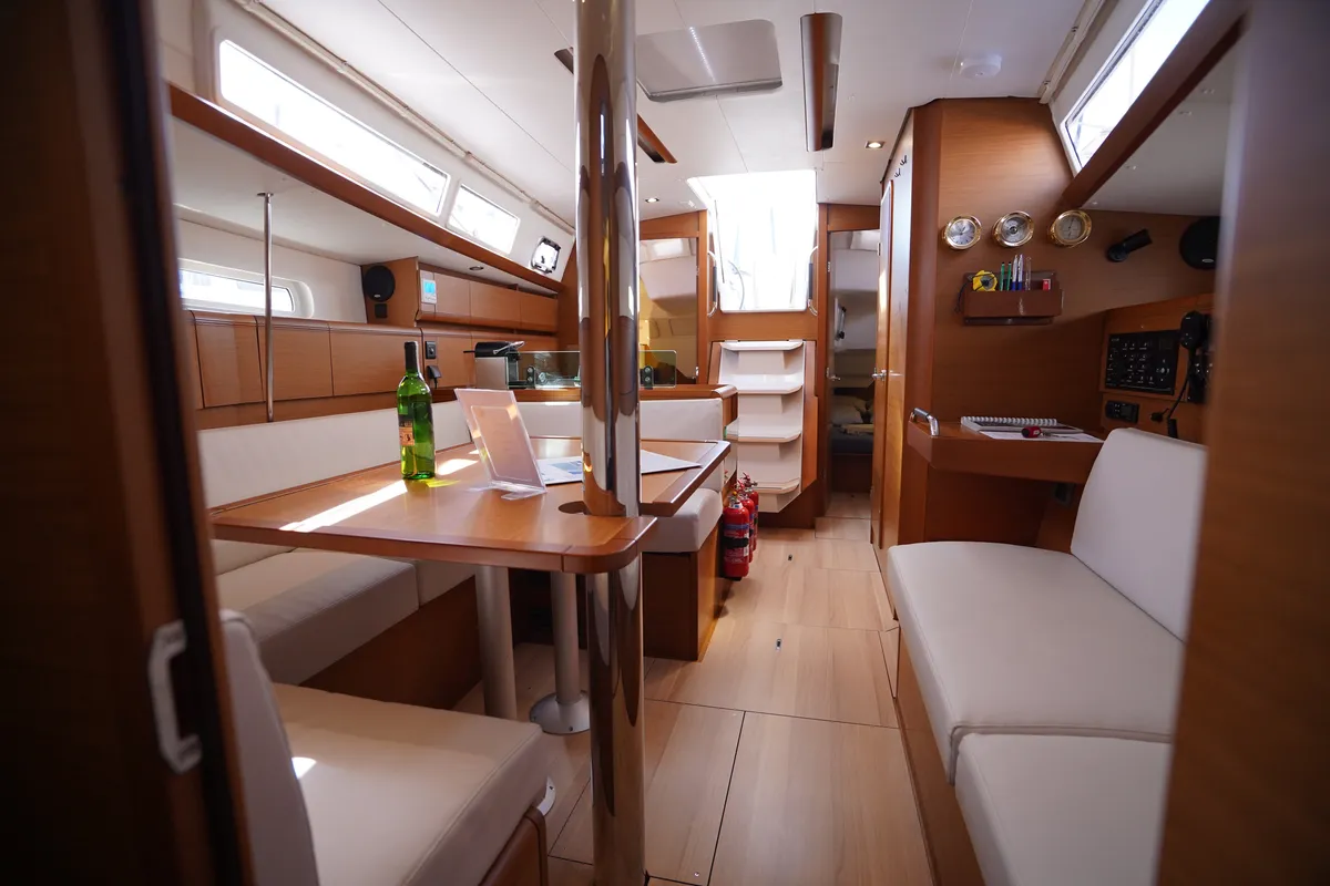 Salon of Gin Fizz, a Jeanneau Sun Odyssey 389 sailboat at Marmaris, Turkey
