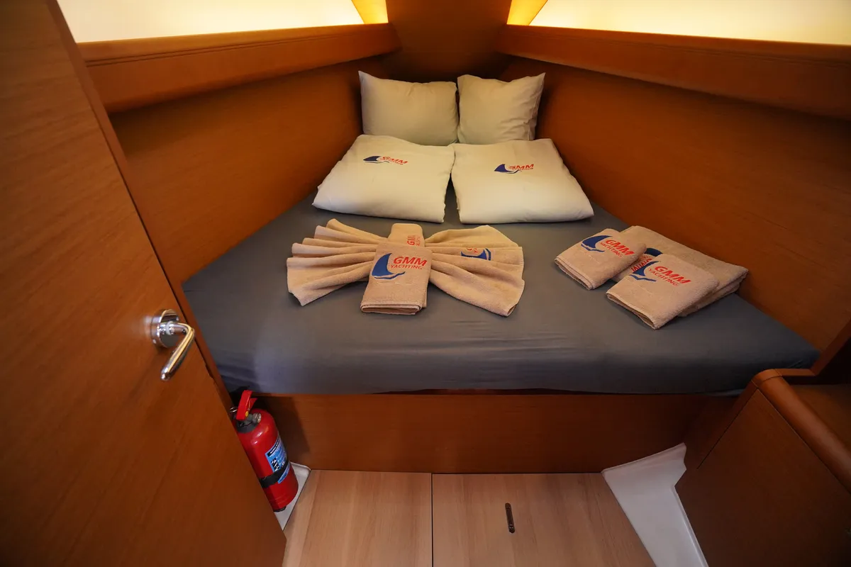 Cabin on Gin Fizz, a Jeanneau Sun Odyssey 389 sailboat at Marmaris, Turkey