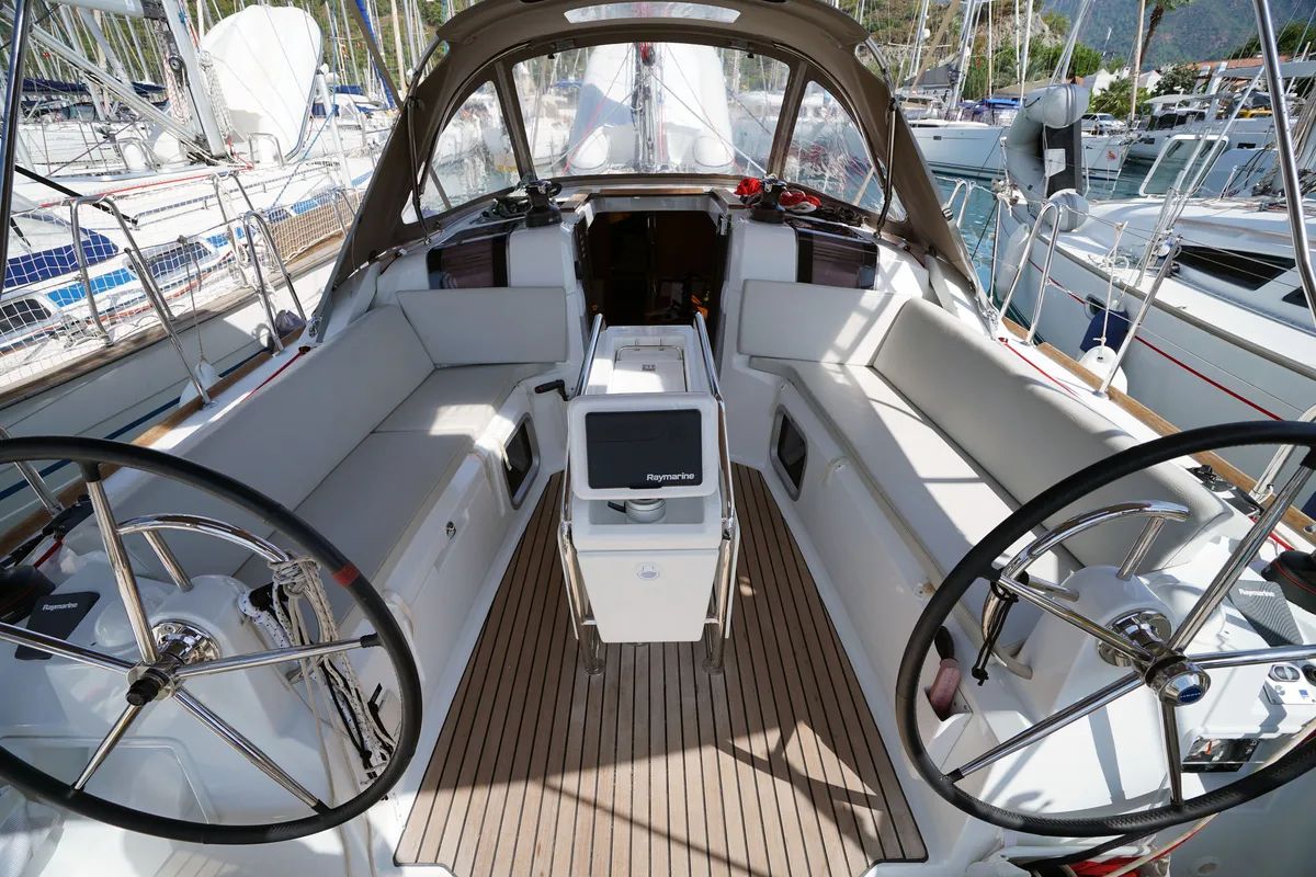 Cockpit of Gin Fizz, a Jeanneau Sun Odyssey 389 sailboat at Marmaris, Turkey