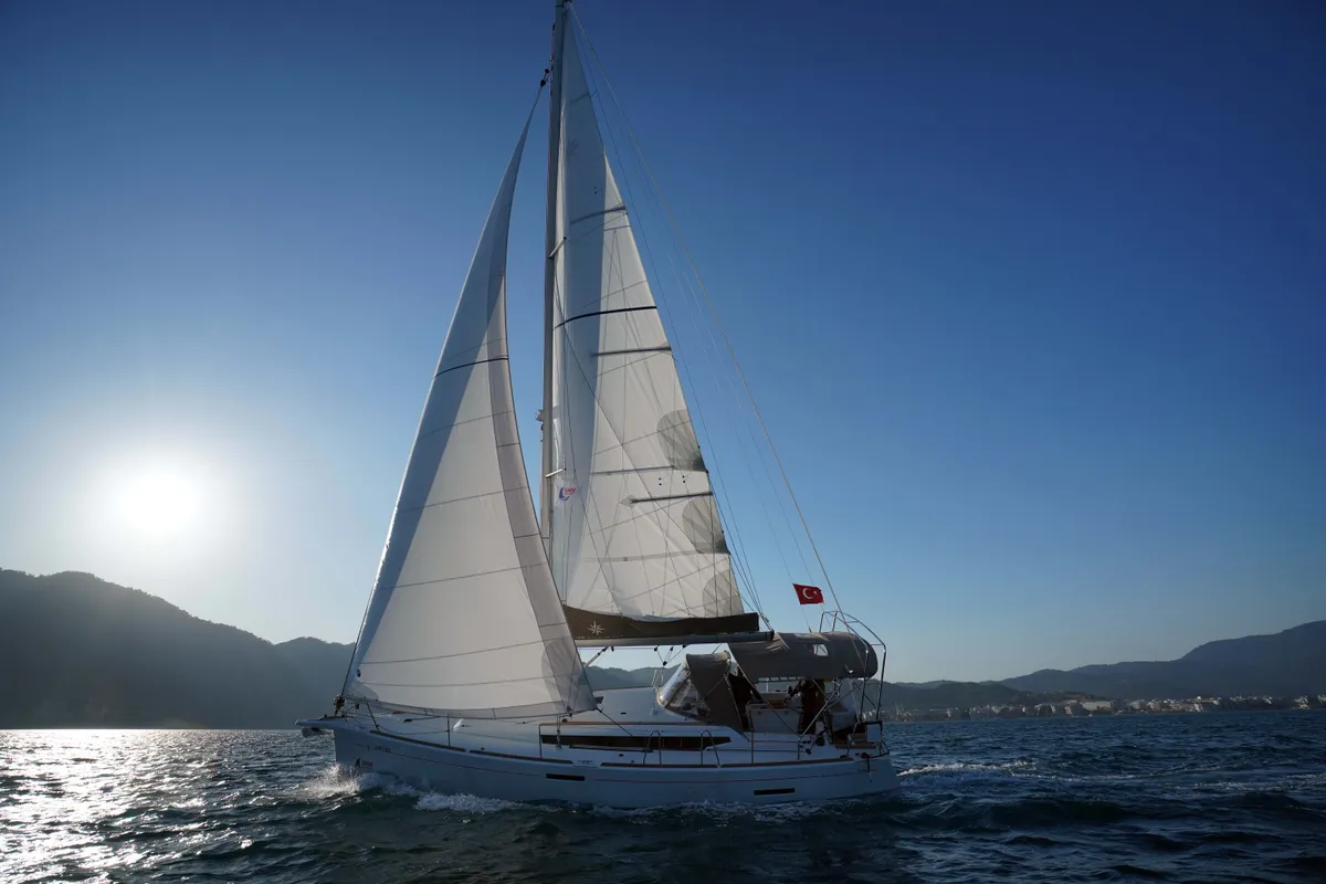 Exterior view of Gin Fizz, a Jeanneau Sun Odyssey 389 sailboat at Marmaris, Turkey