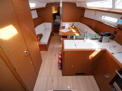 Salon of Gin Fizz, a Jeanneau Sun Odyssey 389 sailboat at Marmaris, Turkey