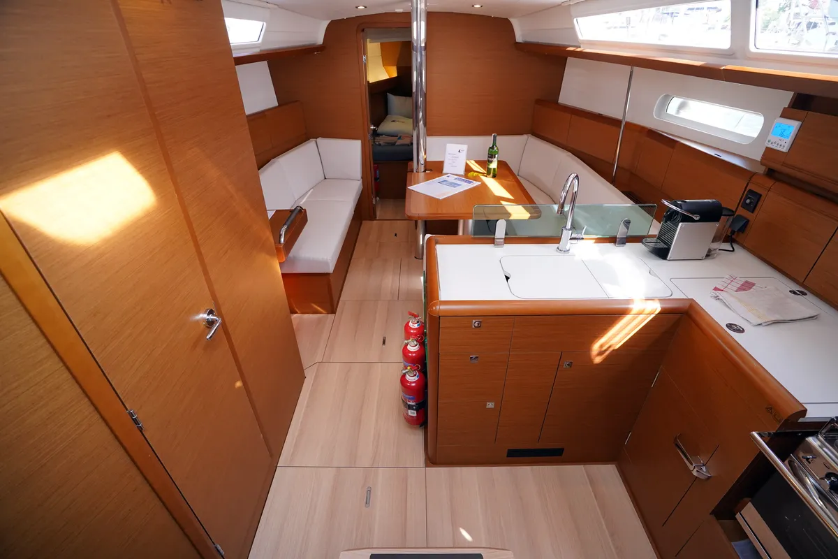 Salon of Gin Fizz, a Jeanneau Sun Odyssey 389 sailboat at Marmaris, Turkey