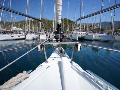 Deck of Gin Fizz, a Jeanneau Sun Odyssey 389 sailboat at Marmaris, Turkey