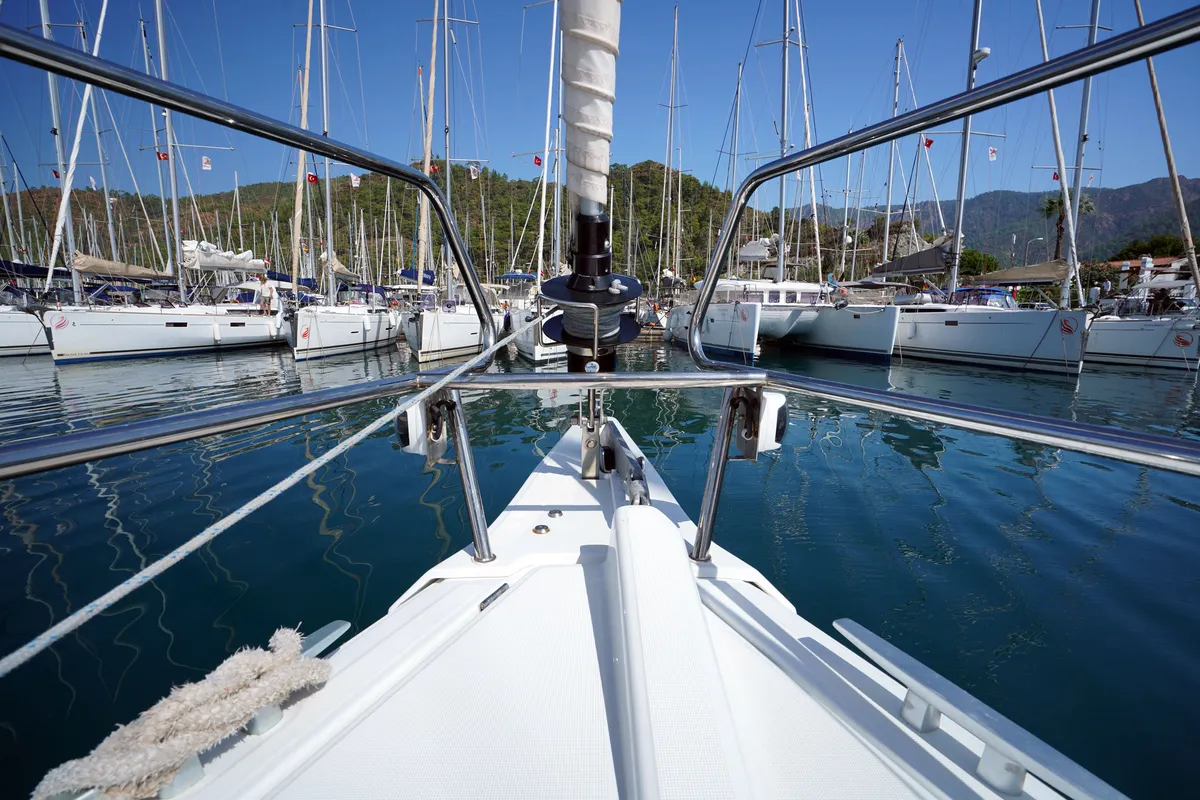 Deck of Gin Fizz, a Jeanneau Sun Odyssey 389 sailboat at Marmaris, Turkey