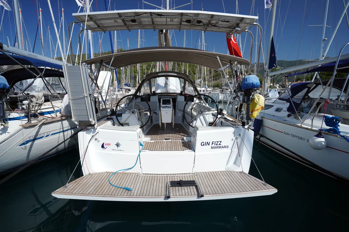 Deck of Gin Fizz, a Jeanneau Sun Odyssey 389 sailboat at Marmaris, Turkey