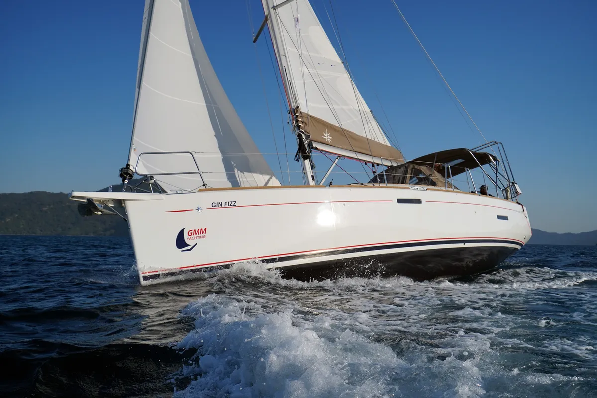 Exterior view of Gin Fizz, a Jeanneau Sun Odyssey 389 sailboat at Marmaris, Turkey