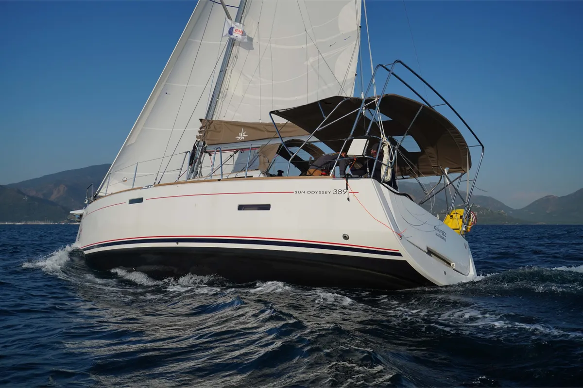 Exterior view of Gin Fizz, a Jeanneau Sun Odyssey 389 sailboat at Marmaris, Turkey