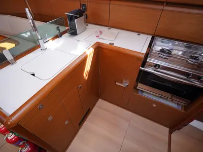 Galley of Gin Fizz, a Jeanneau Sun Odyssey 389 sailboat at Marmaris, Turkey