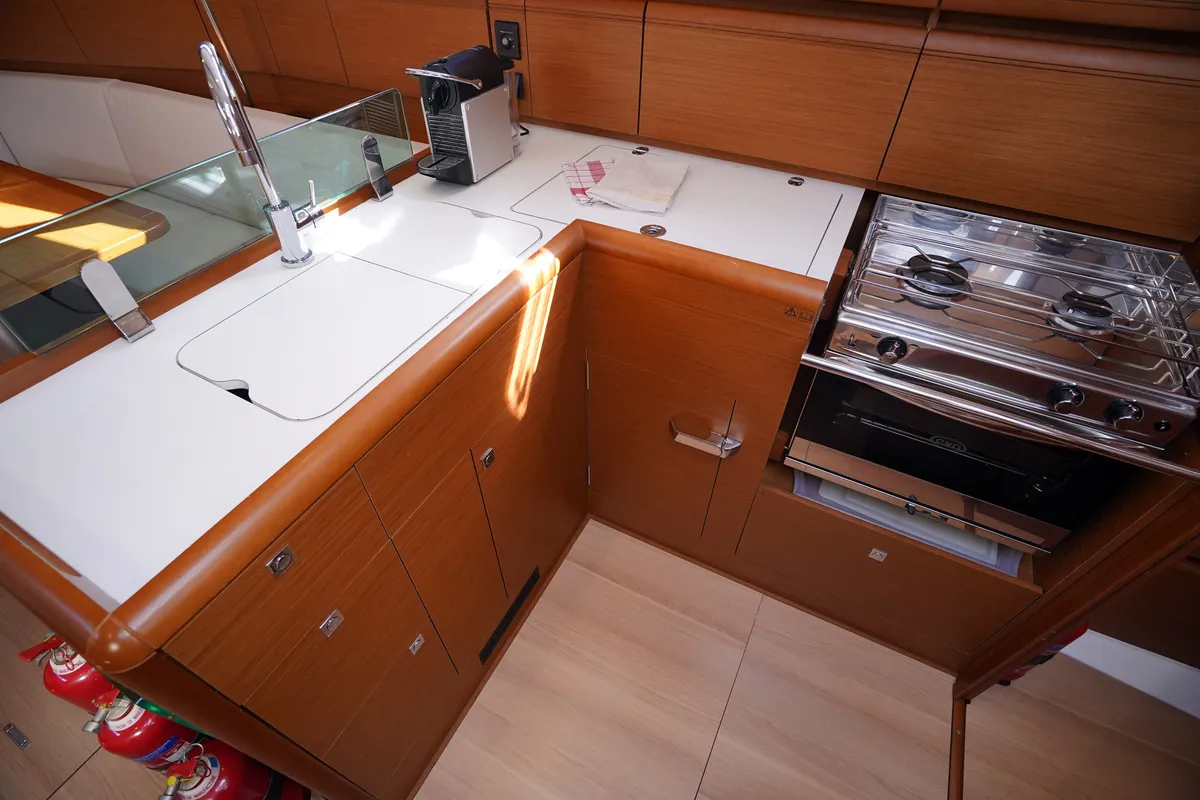 Galley of Gin Fizz, a Jeanneau Sun Odyssey 389 sailboat at Marmaris, Turkey