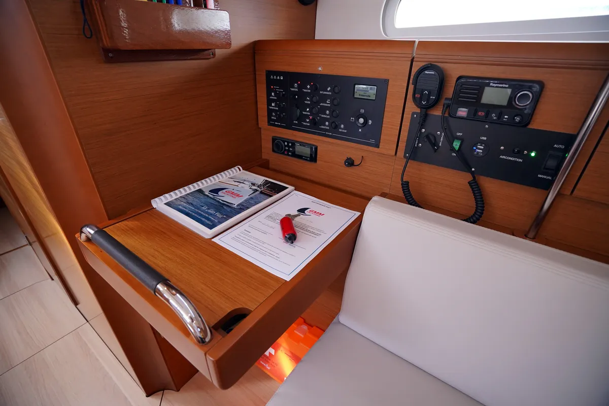 Cockpit of Gin Fizz, a Jeanneau Sun Odyssey 389 sailboat at Marmaris, Turkey