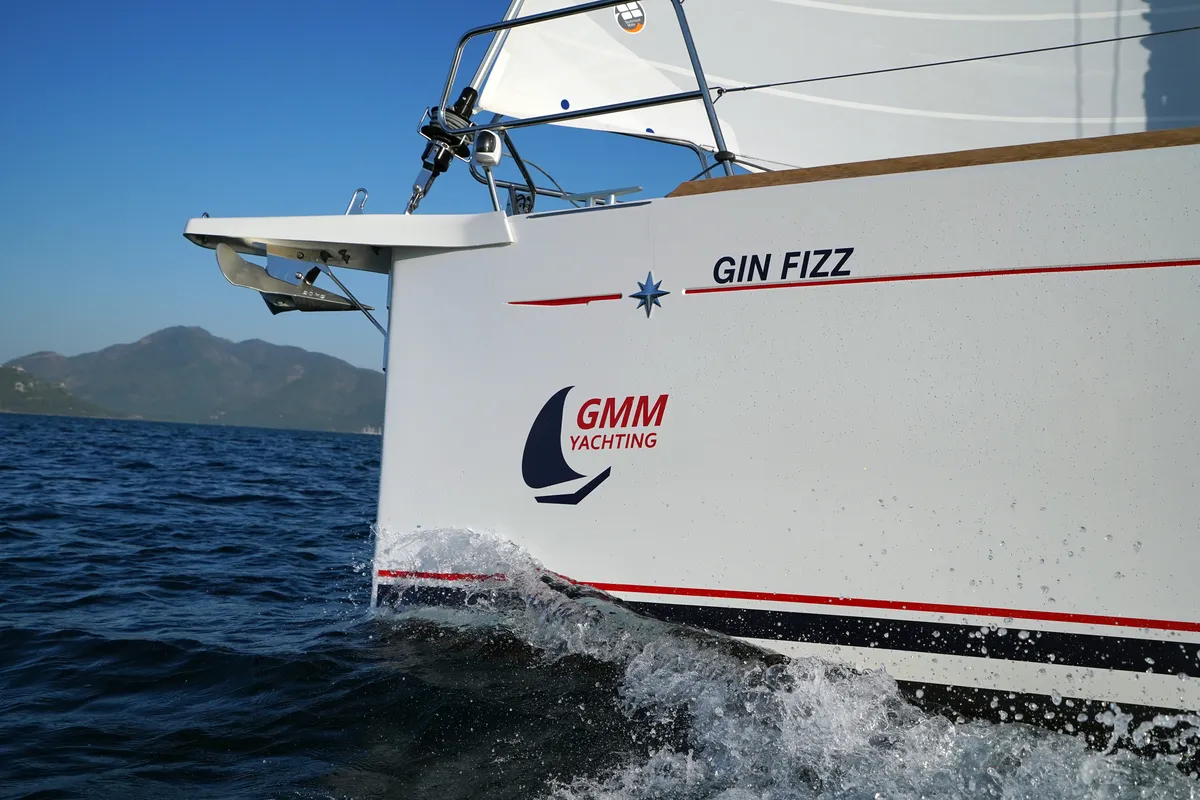 Exterior view of Gin Fizz, a Jeanneau Sun Odyssey 389 sailboat at Marmaris, Turkey