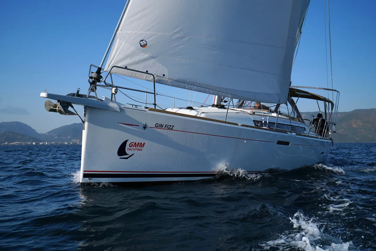 Exterior view of Gin Fizz, a Jeanneau Sun Odyssey 389 sailboat at Marmaris, Turkey