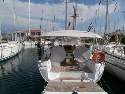 Deck of Monika, a Bavaria Cruiser 40 sailboat at Municipal Unit of Lefkada, Greece