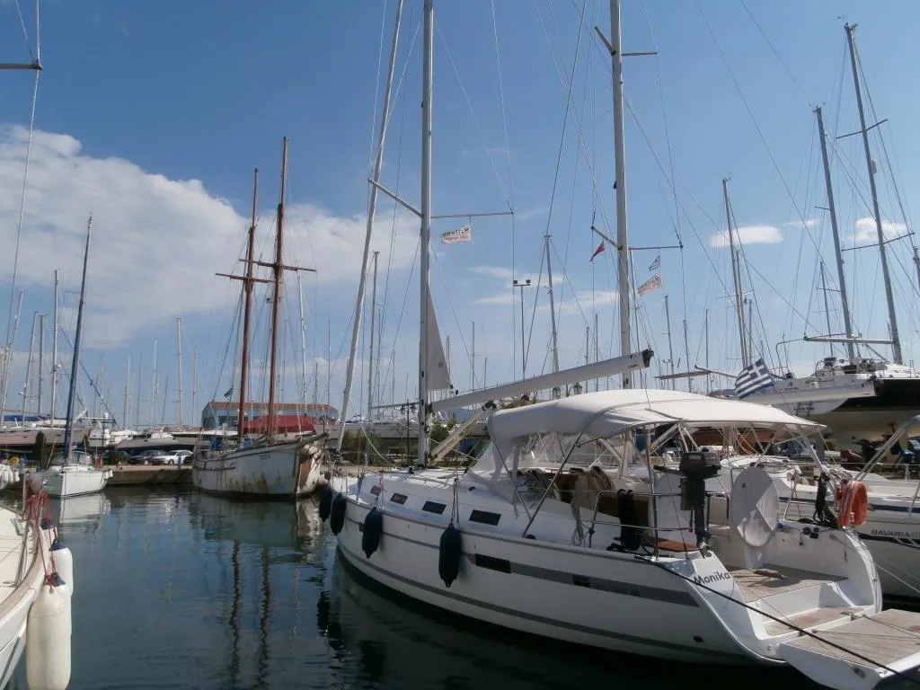 Exterior view of Monika, a Bavaria Cruiser 40 sailboat at Municipal Unit of Lefkada, Greece