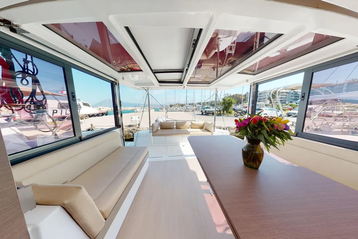 Salon of Efi, a Bali 4.1 catamaran at Municipal Unit of Lefkada, Greece