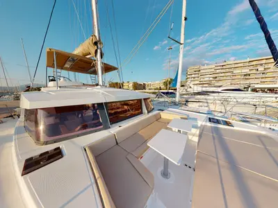 Deck of Efi, a Bali 4.1 catamaran at Municipal Unit of Lefkada, Greece