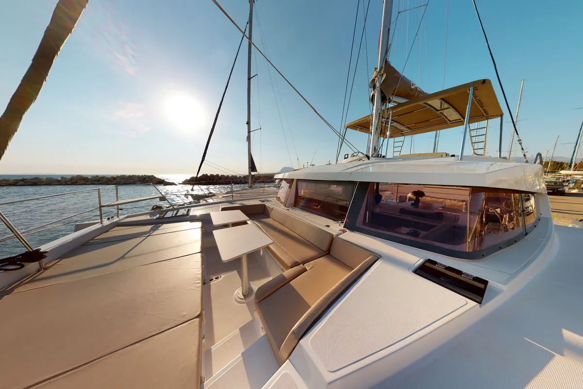 Deck of Efi, a Bali 4.1 catamaran at Municipal Unit of Lefkada, Greece