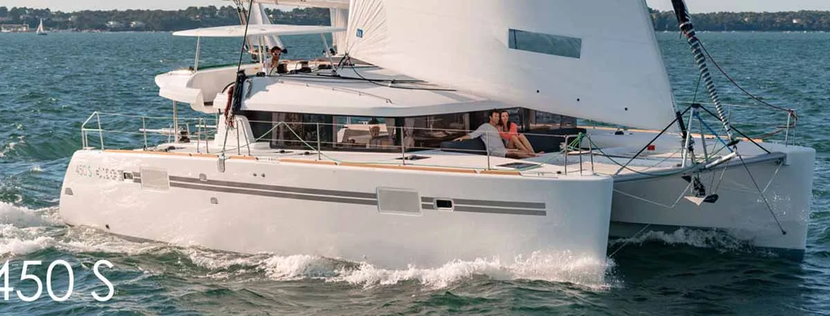 Exterior view of Oryx, a Lagoon 450 S catamaran at Kontokali, Greece