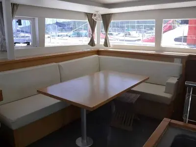 Salon of Oryx, a Lagoon 450 S catamaran at Kontokali, Greece
