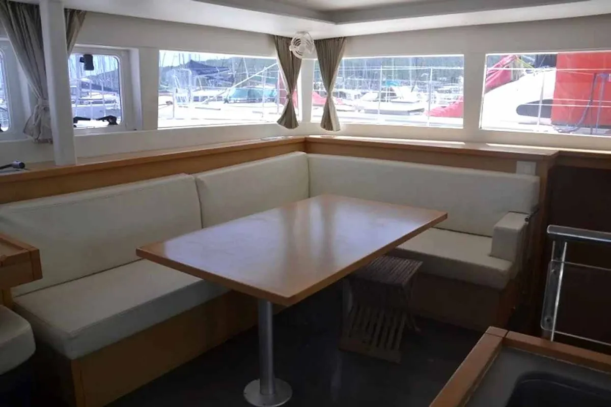 Salon of Oryx, a Lagoon 450 S catamaran at Kontokali, Greece