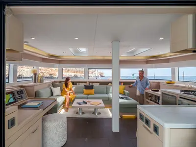 Salon of LUZ DEL MAR, a Lagoon 55 catamaran at Port d'Andratx, Spain