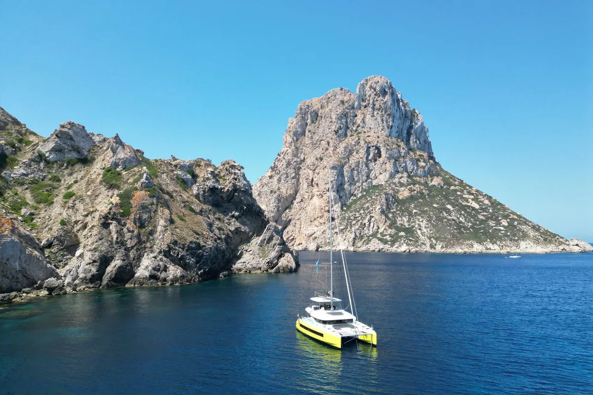 Exterior view of LUZ DEL MAR, a Lagoon 55 catamaran at Port d'Andratx, Spain