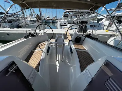 Cockpit of Lydia, a Jeanneau Sun Odyssey 349 sailboat at Općina Sukošan, Croatia