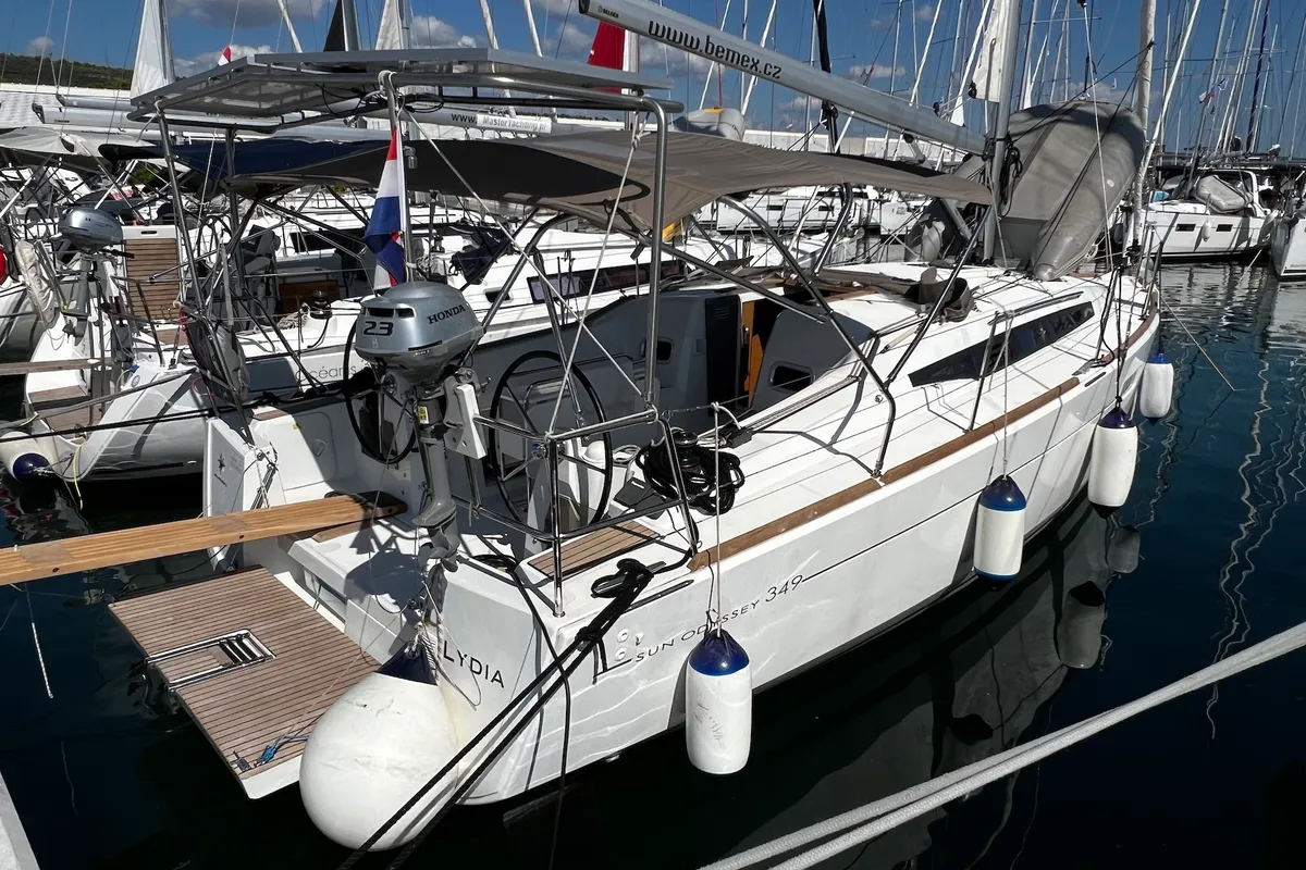 Exterior view of Lydia, a Jeanneau Sun Odyssey 349 sailboat at Općina Sukošan, Croatia