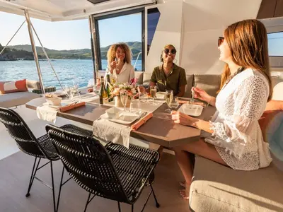 Salon of Diotima, a Bali 4.2 catamaran at Athens, Greece